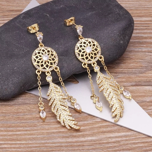 New Gold Dream Catcher Earrings with Cubic Zirconia Native American Inspired - Picture 2 of 6